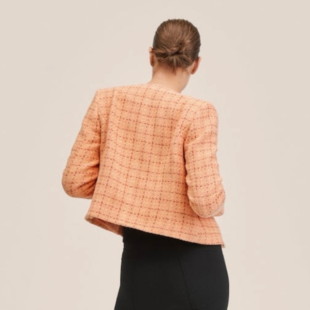 Mango MNG Short Tweed Blazer Orange Goldtone Button Details Size S NEW - Picture 3 of 15